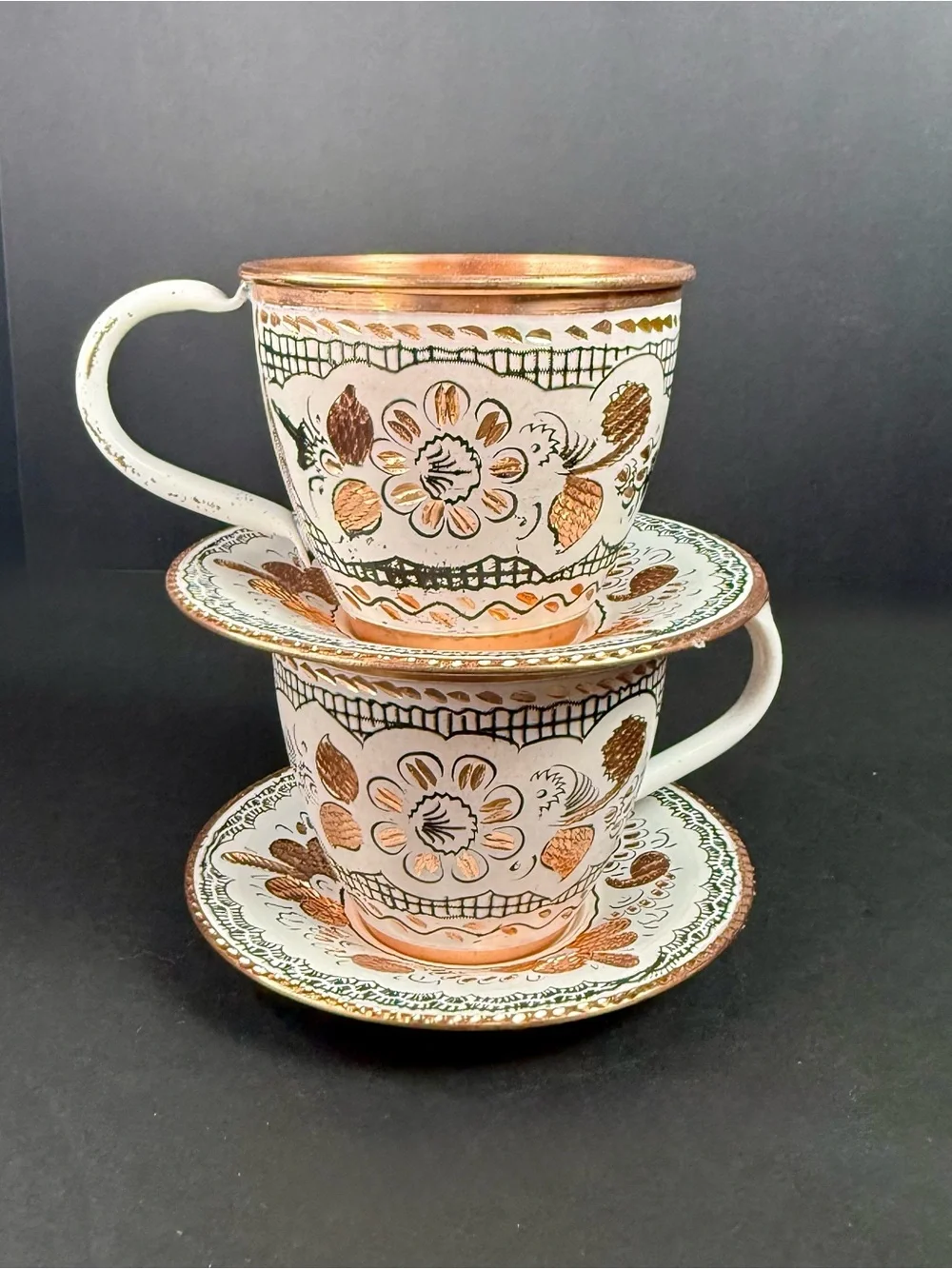 Vintage Handcrafted Copper Mugs Pure Copper Colorful Floral Engravings Turkish